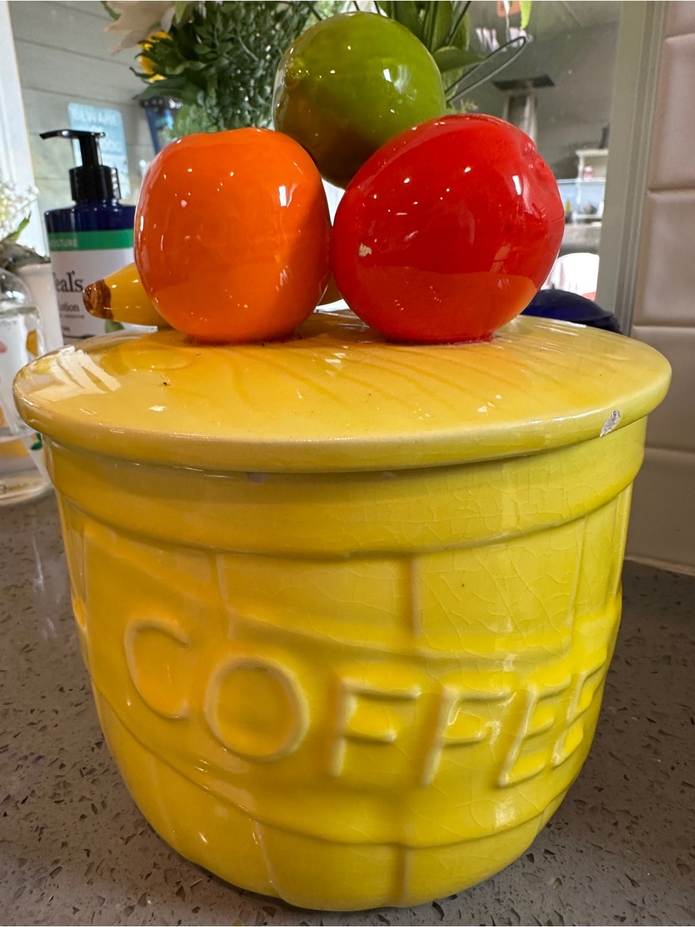 Vintage Yellow Ceramic Coffee Canister with Decorative Fruit Lid
